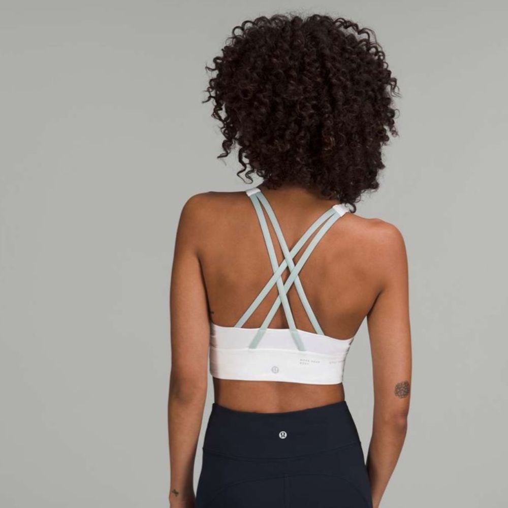 NWOT SZ 6 LULULEMON HIGH NECK LONGLINE ENERGY BRA IN WHITE // SILVER BLUE